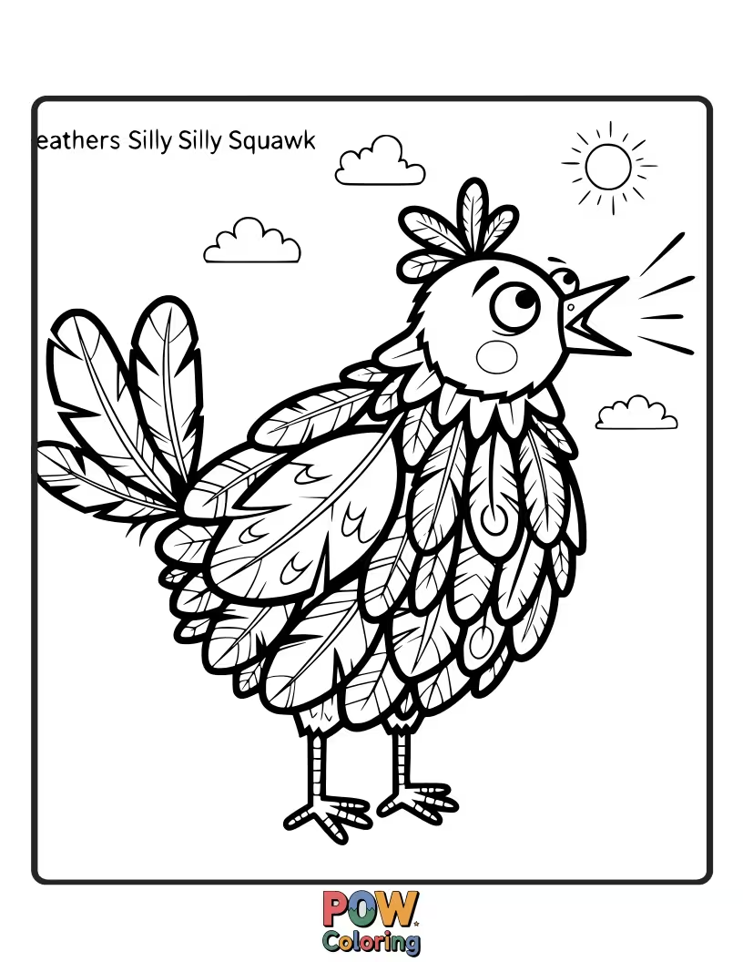 Free coloring page of A funny feather with cartoon eyes and a beak, looking like it's about to let out a silly squawk.