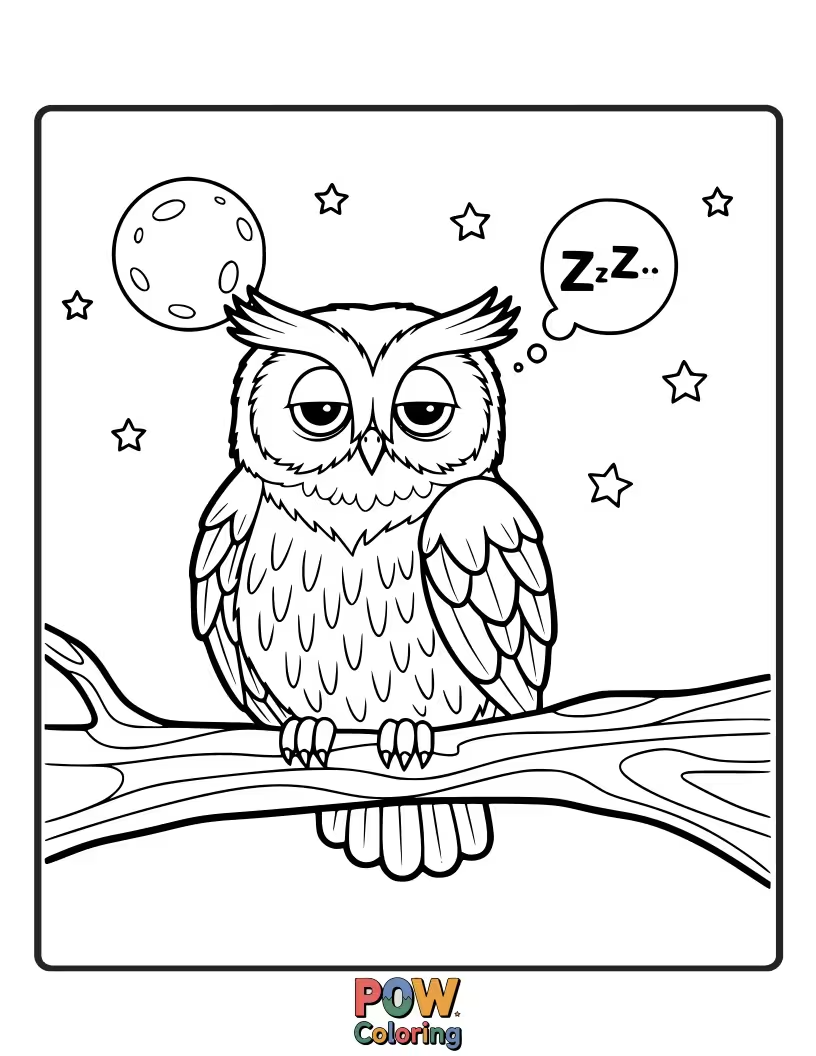 Free coloring page of A single, soft feather resting near a tiny, sleeping owl, creating a peaceful, cozy woodland scene.
