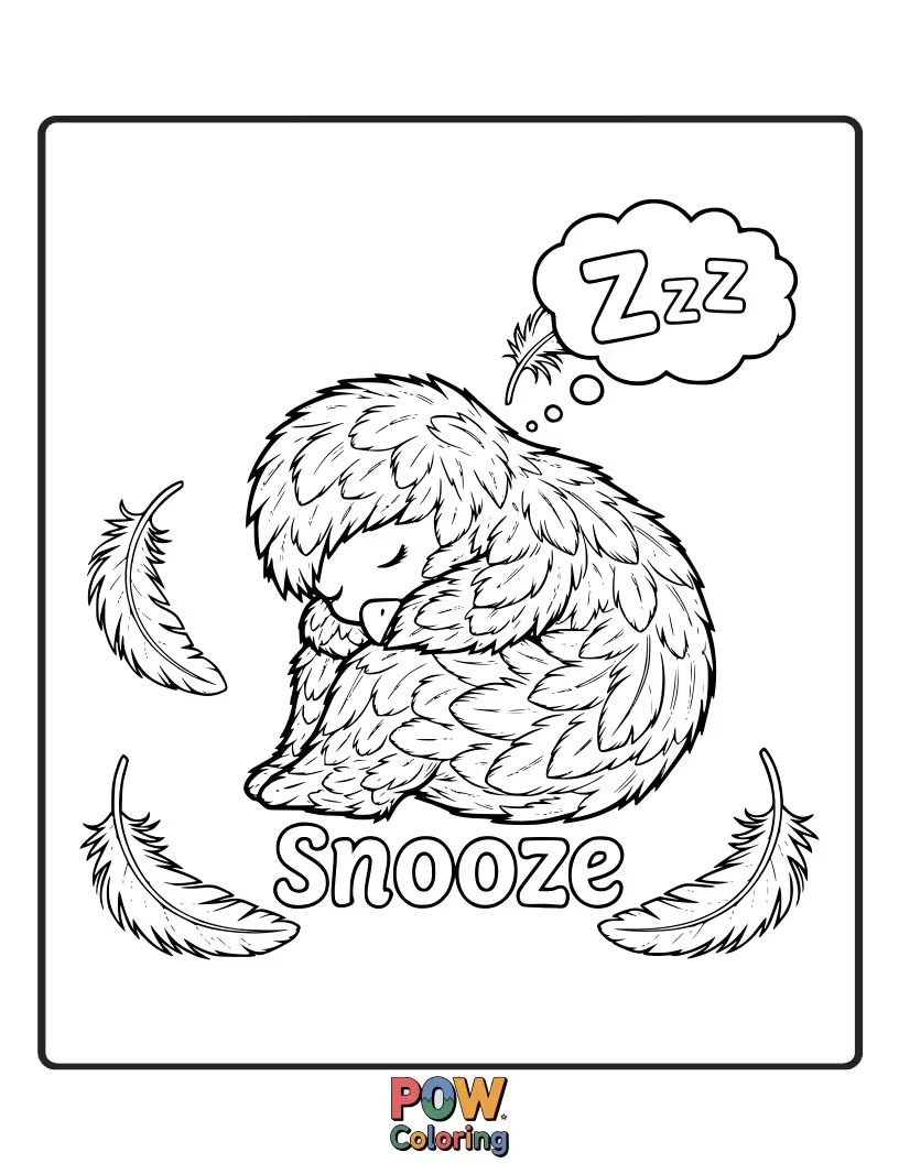 Free coloring page of A single feather curled up comfortably, looking like it's taking a peaceful, sleepy snooze under a starry sky.