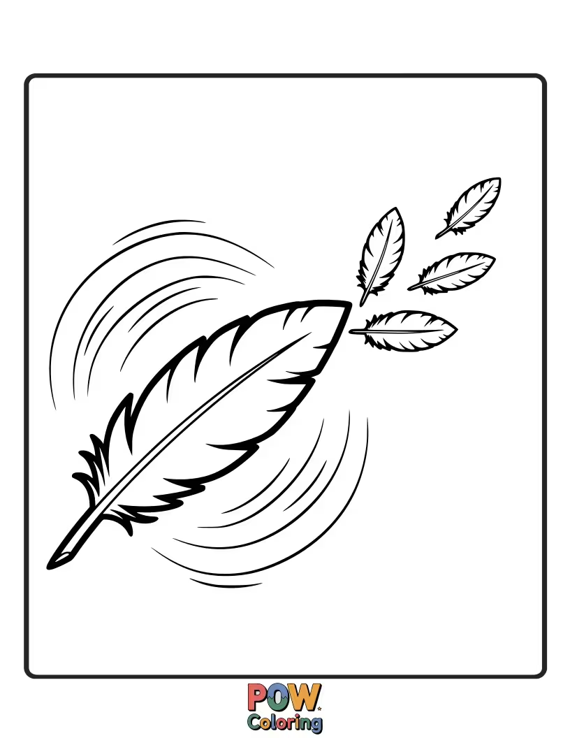 Free coloring page of A single feather with a subtle, faint outline of itself mirroring it, creating a gentle, artistic echo effect.