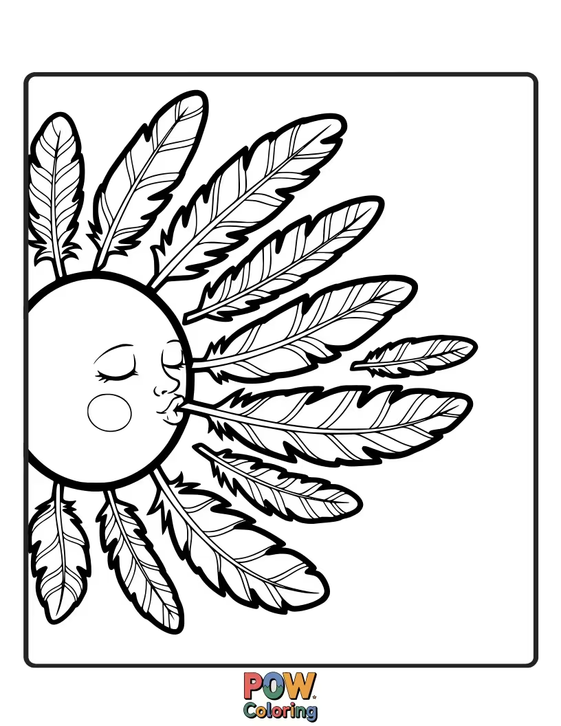 Free coloring page of A feather bathed in gentle sunbeams, capturing a warm and serene moment, perfect for a bright coloring page.