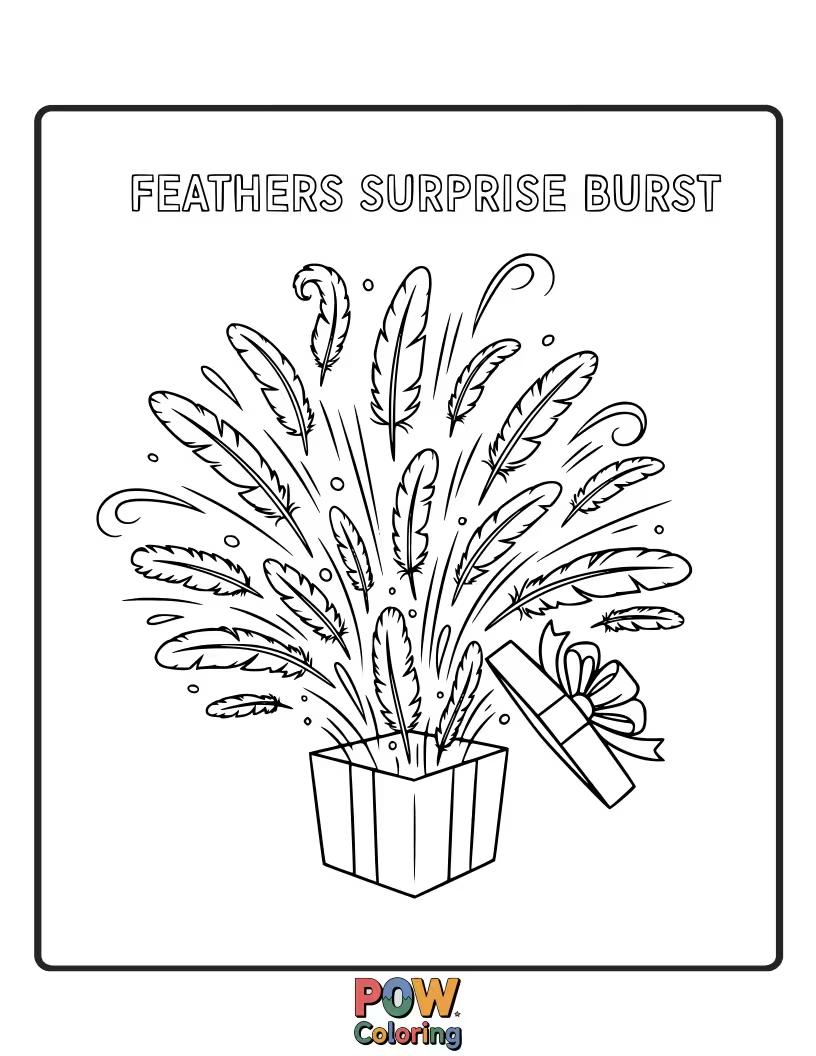 Free coloring page of A feather that looks like it's just burst open with joy, scattering smaller, happy feather fragments around it.