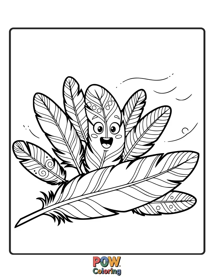 Free coloring page of A feather with a tiny, hidden smile peeking out from behind its vanes, adding a touch of delightful surprise.