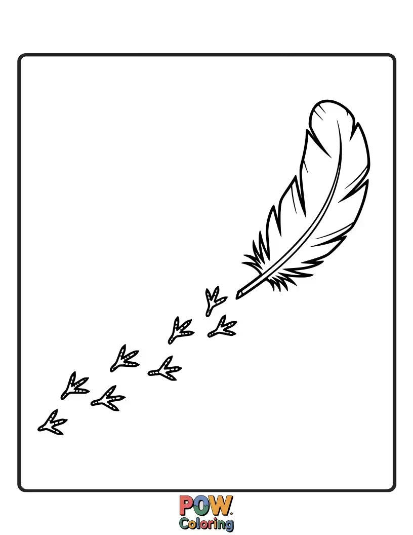 Free coloring page of Miniature feather footprints leading to a hidden treasure, inviting a sense of adventure and discovery.