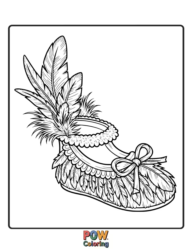 Free coloring page of A feather ingeniously shaped like a tiny, cute shoe, ready to be colored with whimsical fashion.