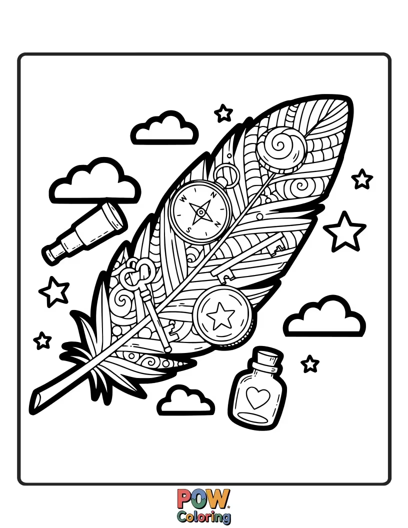 Free coloring page of A scattering of small, delicate feathers, each with its own unique pattern, like precious little gems waiting to be colored.