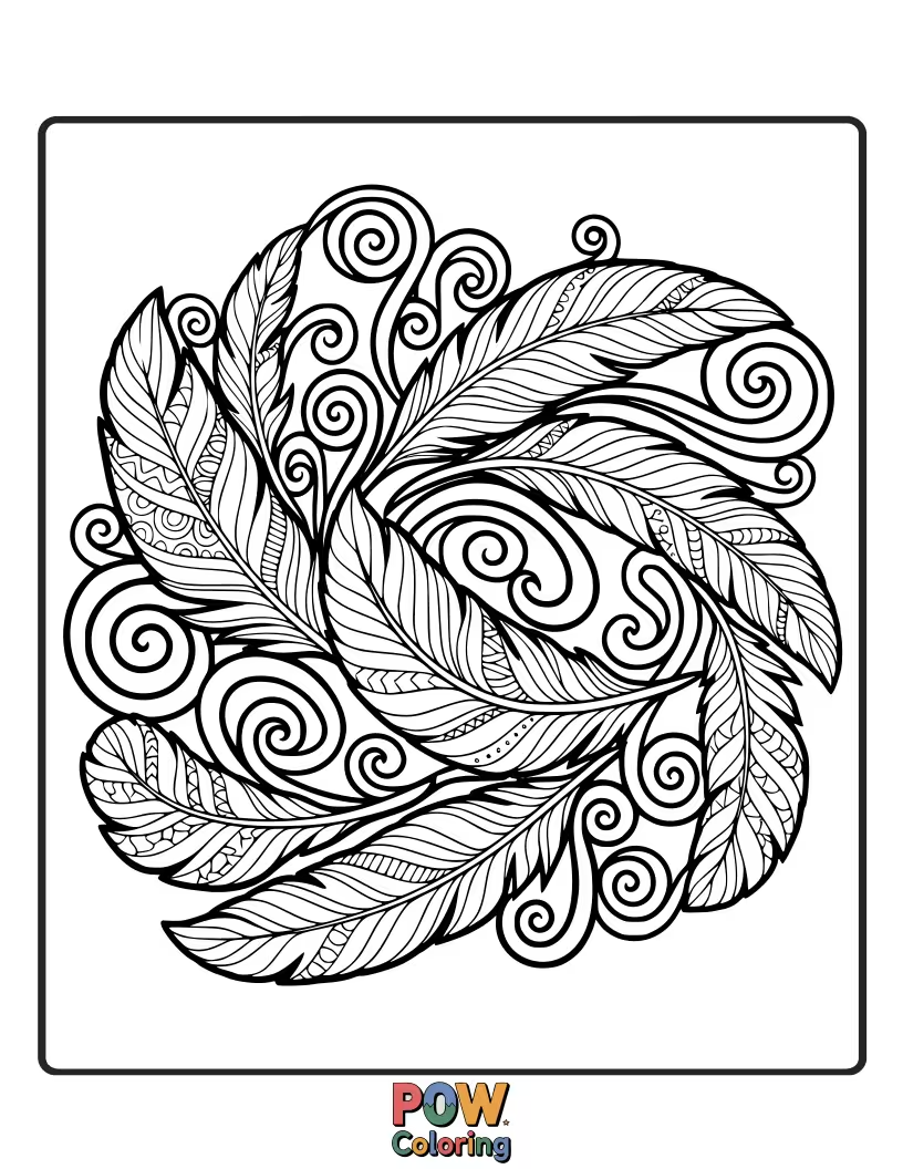 Free coloring page of An abstract pattern of flowing, whimsical feather shapes and lines, encouraging free-spirited and creative coloring.