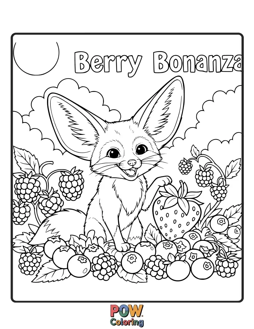 Free coloring page of A Fennec Fox surrounded by an abundance of juicy berries, happily munching away.