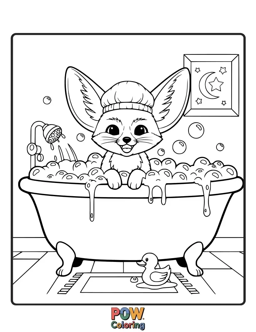 Free coloring page of A bubbly Fennec Fox enjoying a relaxing bubble bath with a rubber ducky.