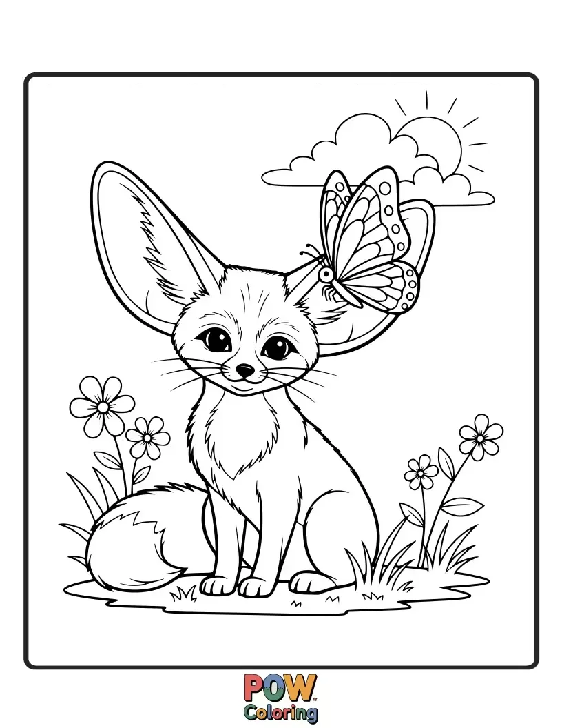 Free coloring page of A gentle Fennec Fox with a beautiful butterfly perched on its nose, sharing a moment.