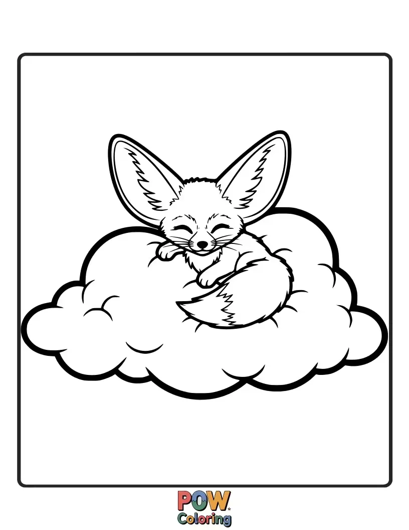 Free coloring page of An impossibly fluffy Fennec Fox nestled in a soft cloud, perfect for gentle coloring.