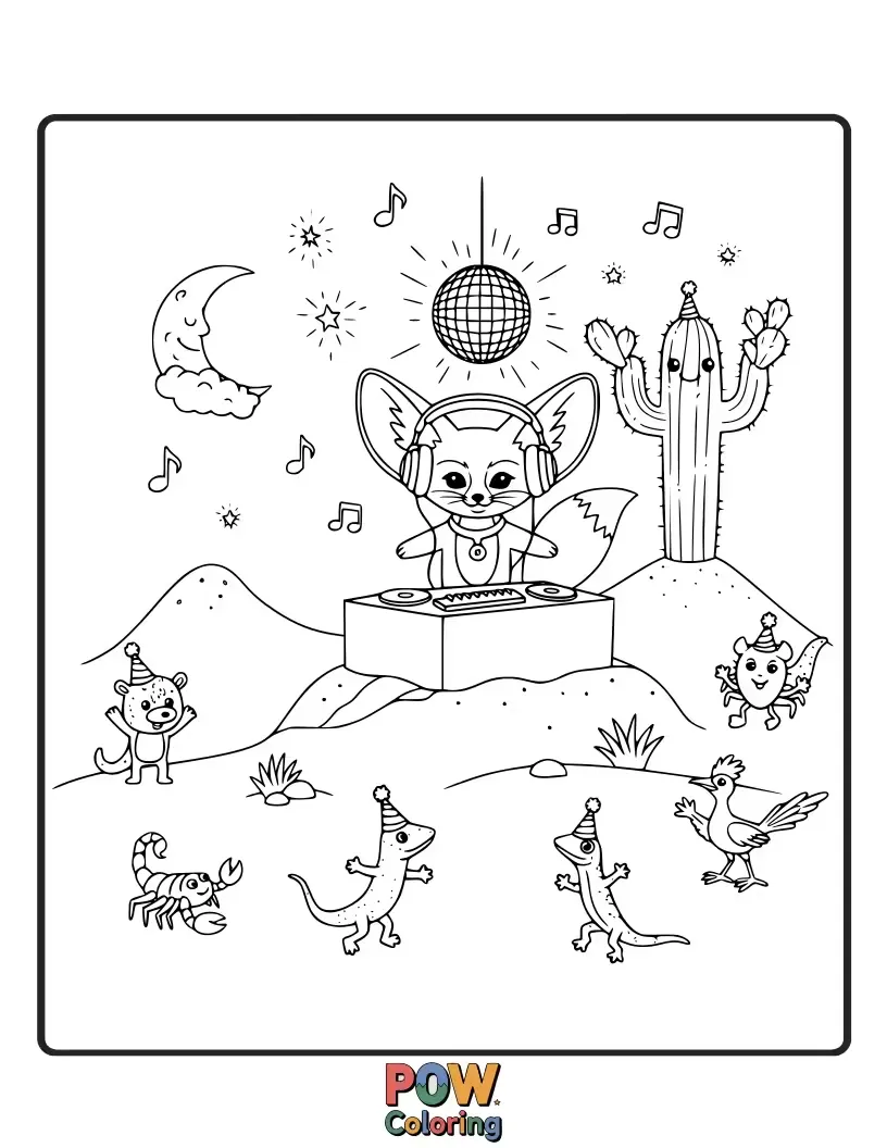 Free coloring page of Grooving Fennec Foxes with sunglasses and tiny boomboxes, celebrating life in the sand dunes.