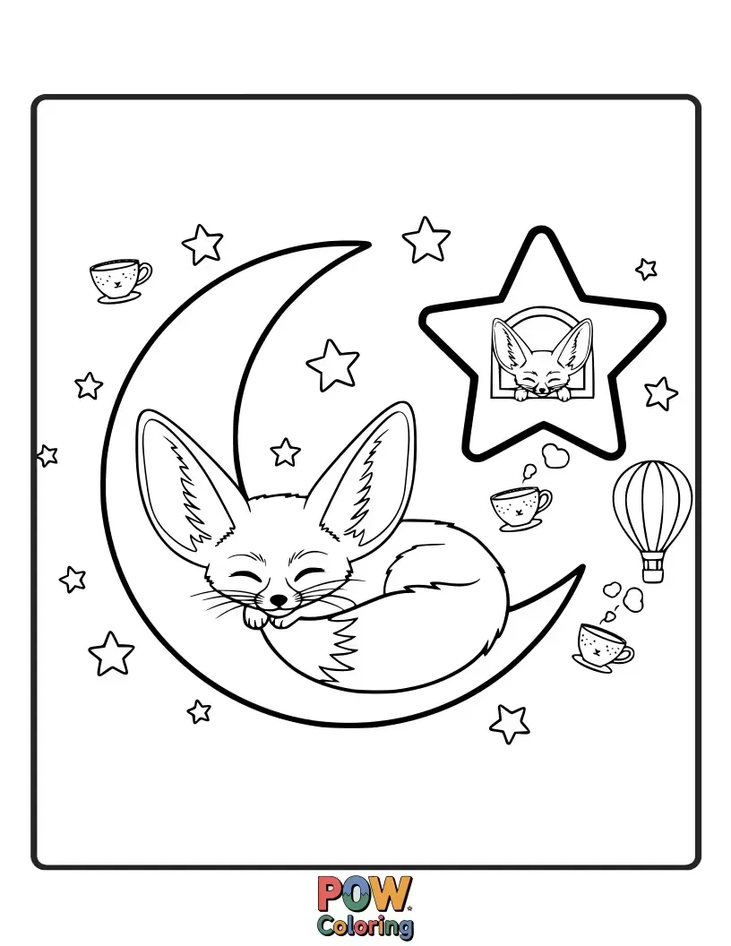Free coloring page of A sleepy Fennec Fox with oversized ears, dreaming of delicious desert treats and starry nights.