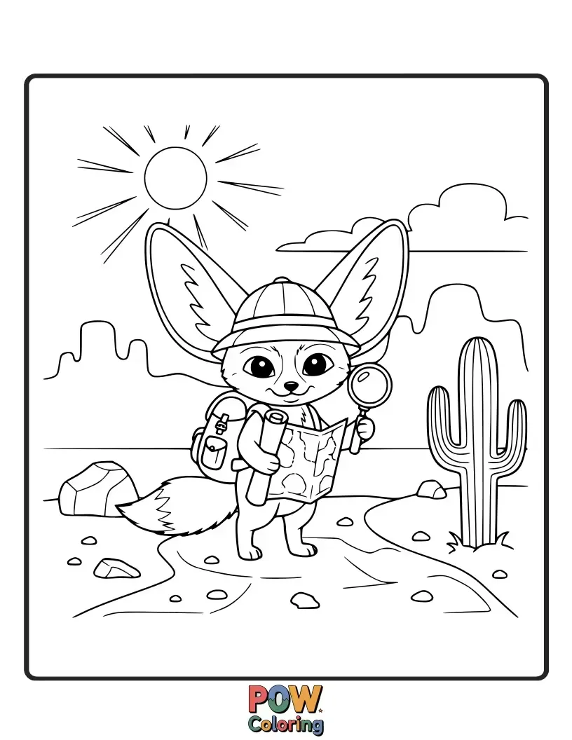Free coloring page of This adventurous Fennec Fox dons a tiny explorer's hat, ready to uncover desert secrets.