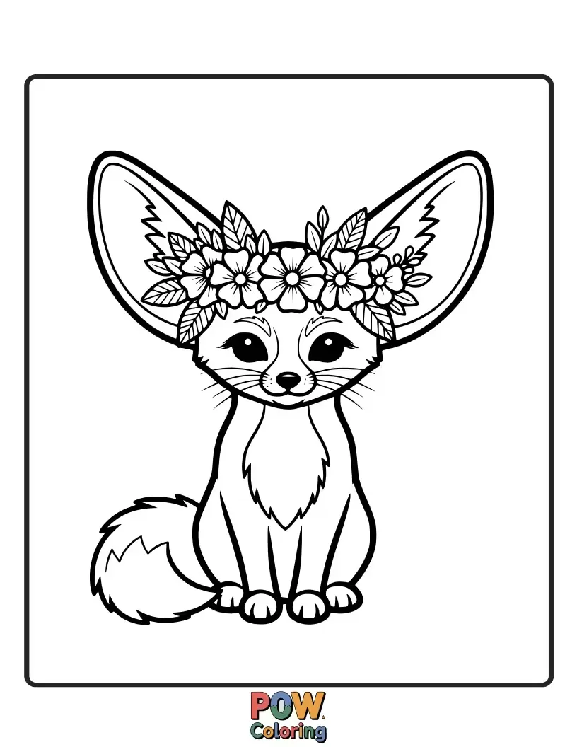 Free coloring page of A regal Fennec Fox adorned with a beautiful flower crown, looking exceptionally cute.