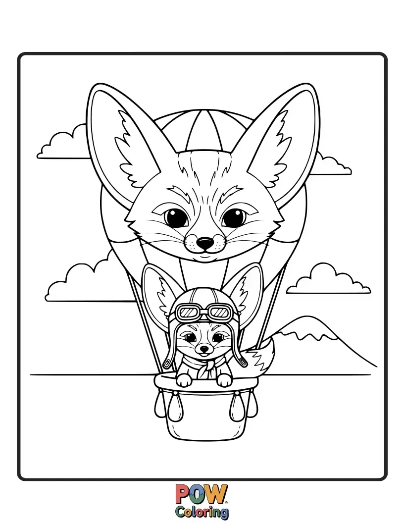 Free coloring page of A Fennec Fox soaring through the sky in a whimsical hot air balloon decorated with ears.