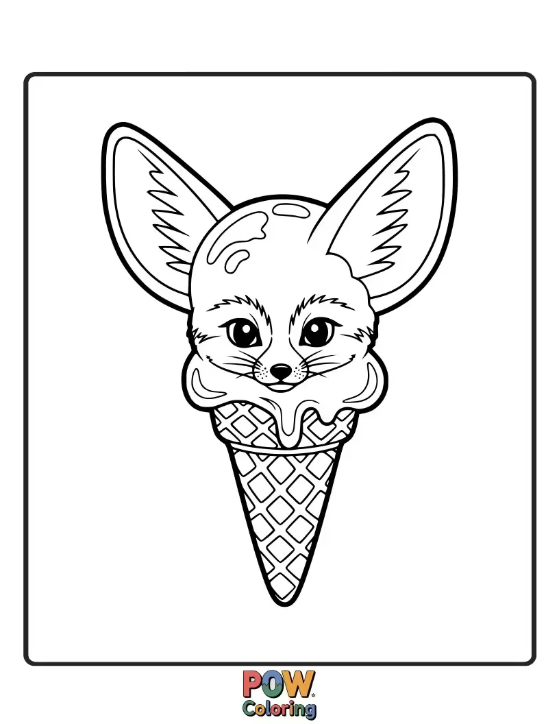 Free coloring page of A Fennec Fox joyfully licking a giant, melting ice cream cone on a hot day.