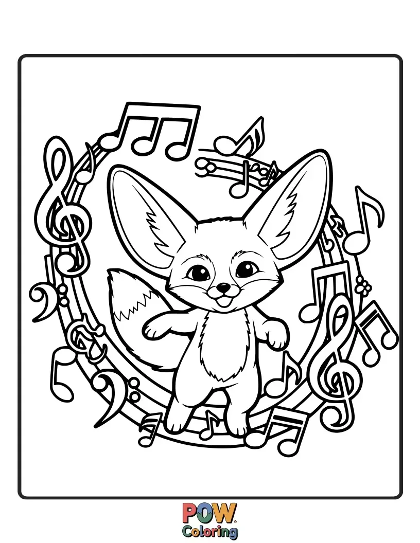 Free coloring page of A Fennec Fox surrounded by floating musical notes, humming a happy desert tune.