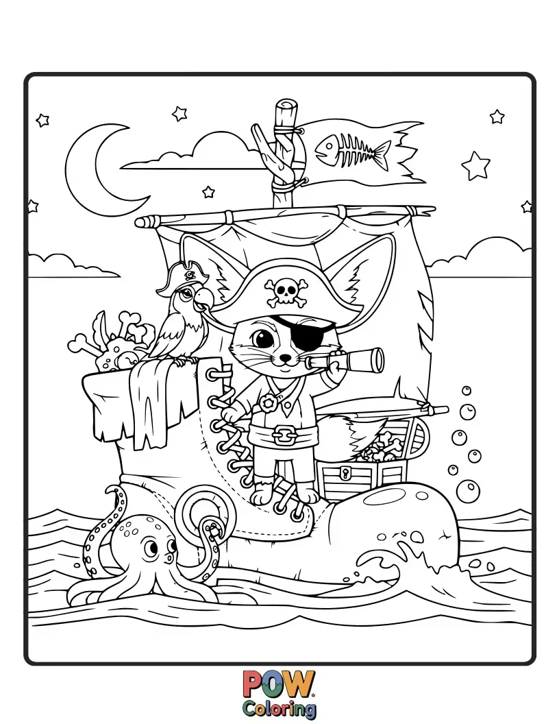 Free coloring page of A daring Fennec Fox dressed as a pirate, searching for buried treasure on the sand.