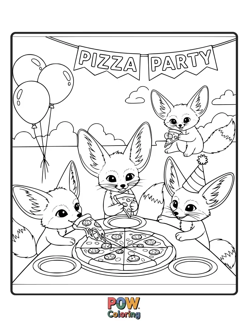 Free coloring page of A group of Fennec Foxes sharing a delicious, oversized pizza under the desert moon.