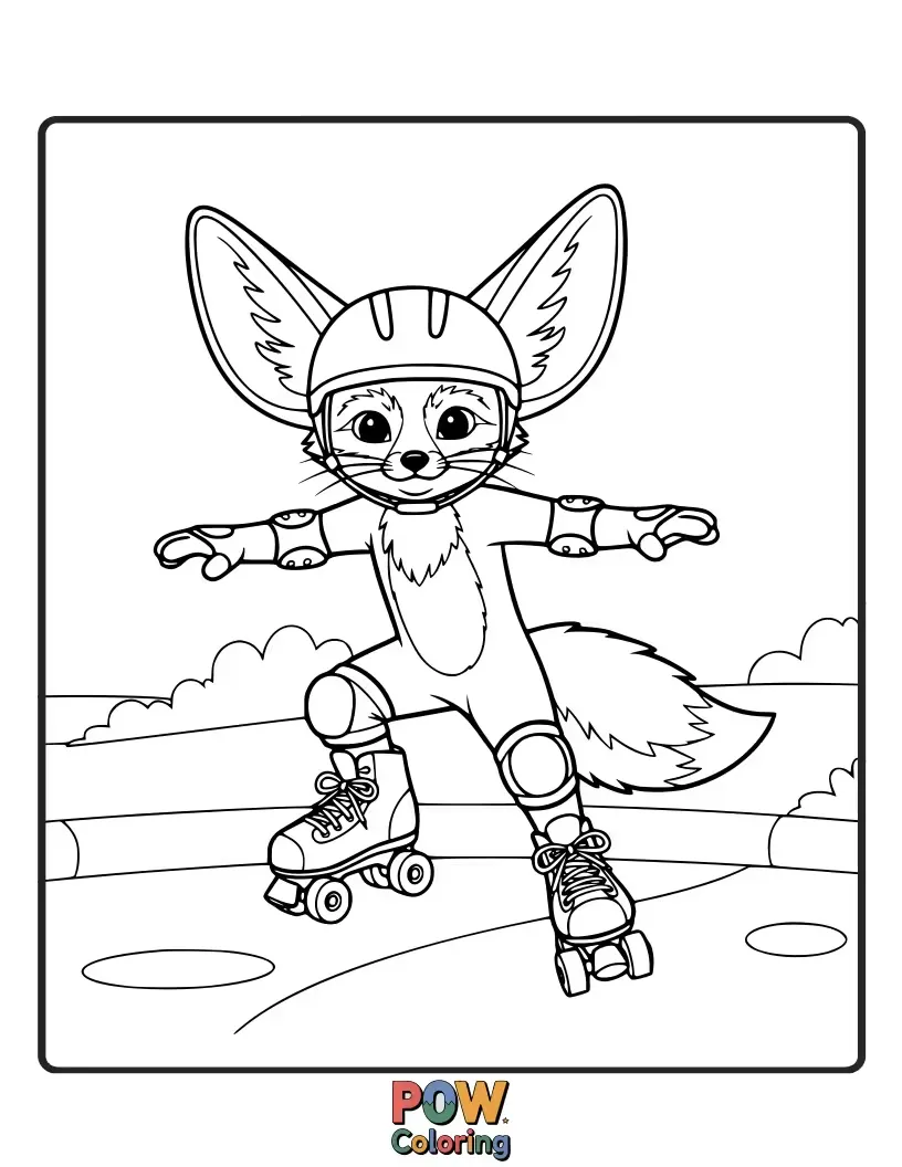 Free coloring page of A dynamic Fennec Fox zipping around on roller skates, wind blowing through its fur.