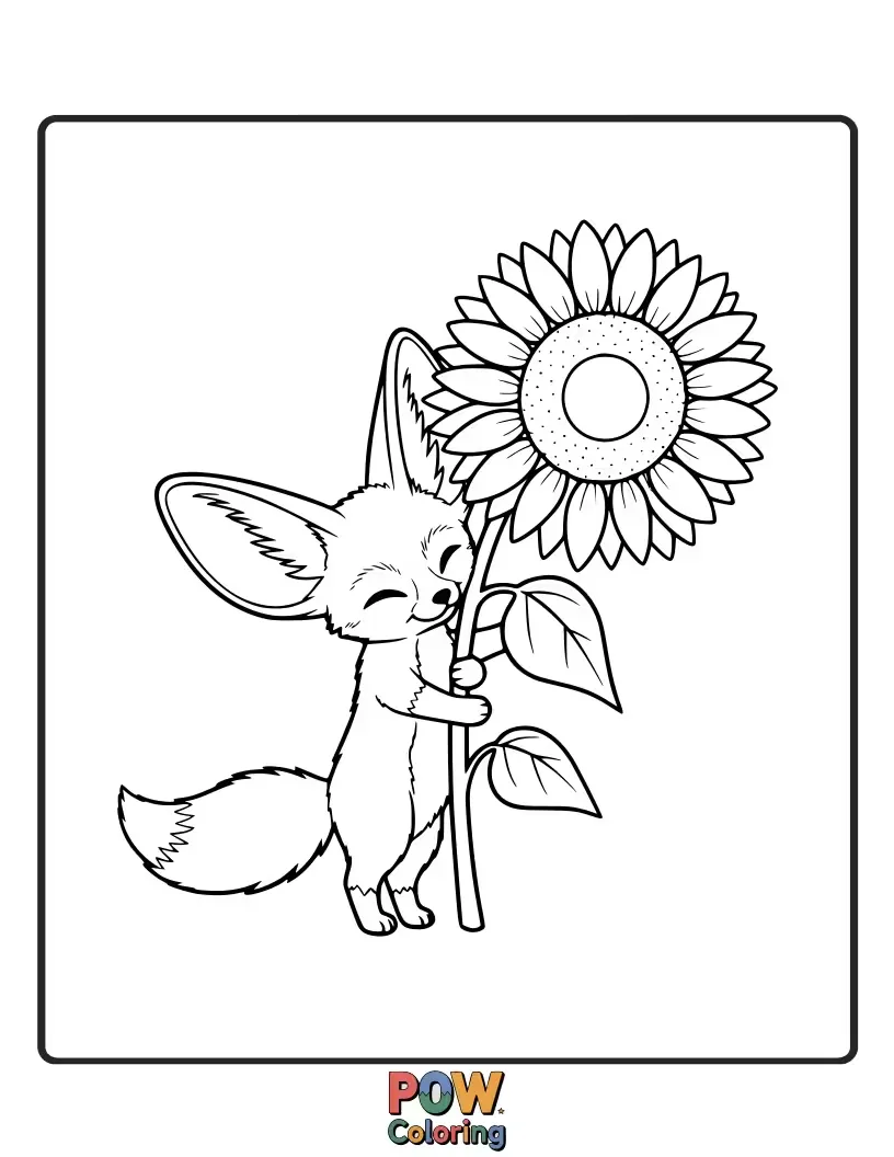 Free coloring page of A sweet Fennec Fox embracing a giant, smiling sunflower in a vibrant field.
