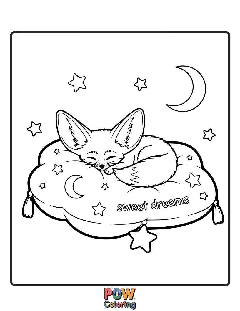Free coloring page of A Fennec Fox snuggled with a pillow shaped like a crescent moon, ready for sleep.