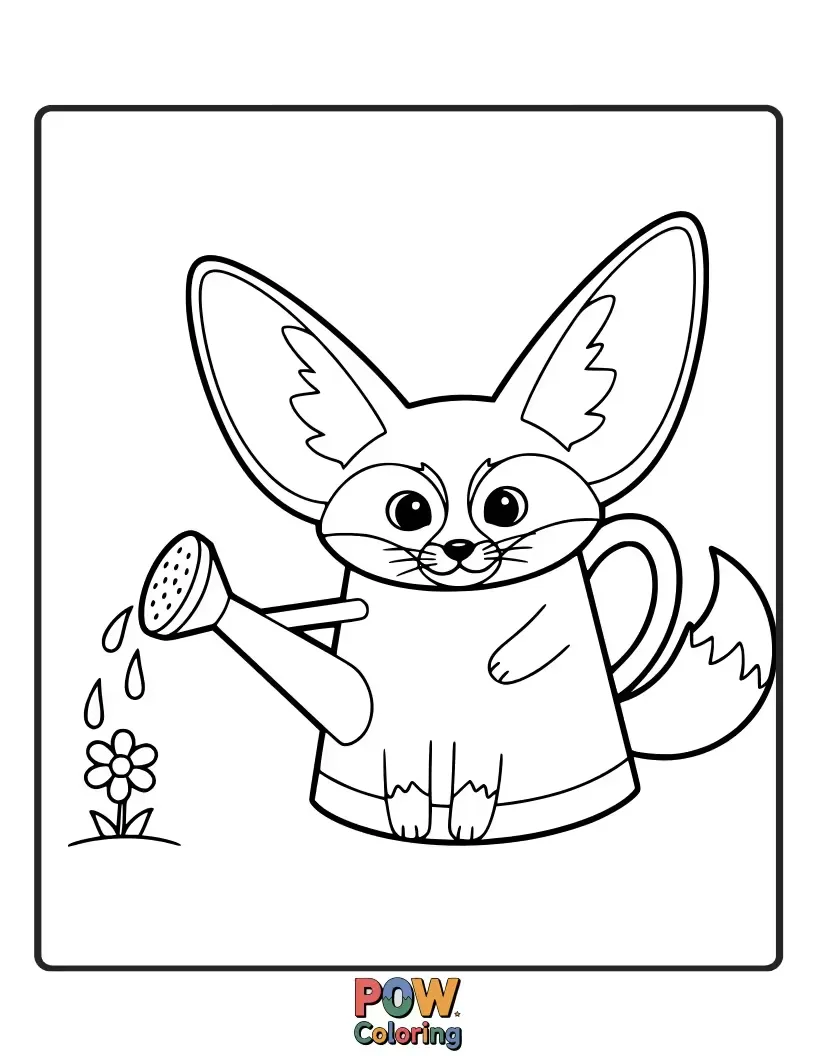 Free coloring page of A helpful Fennec Fox carefully watering a tiny desert flower with a miniature watering can.
