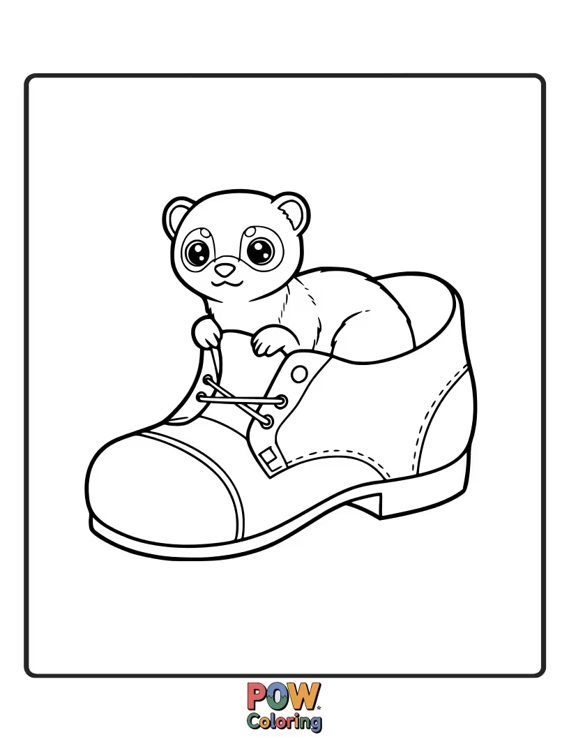 Free coloring page of A sleepy ferret dozing off inside a comfortable, oversized shoe.