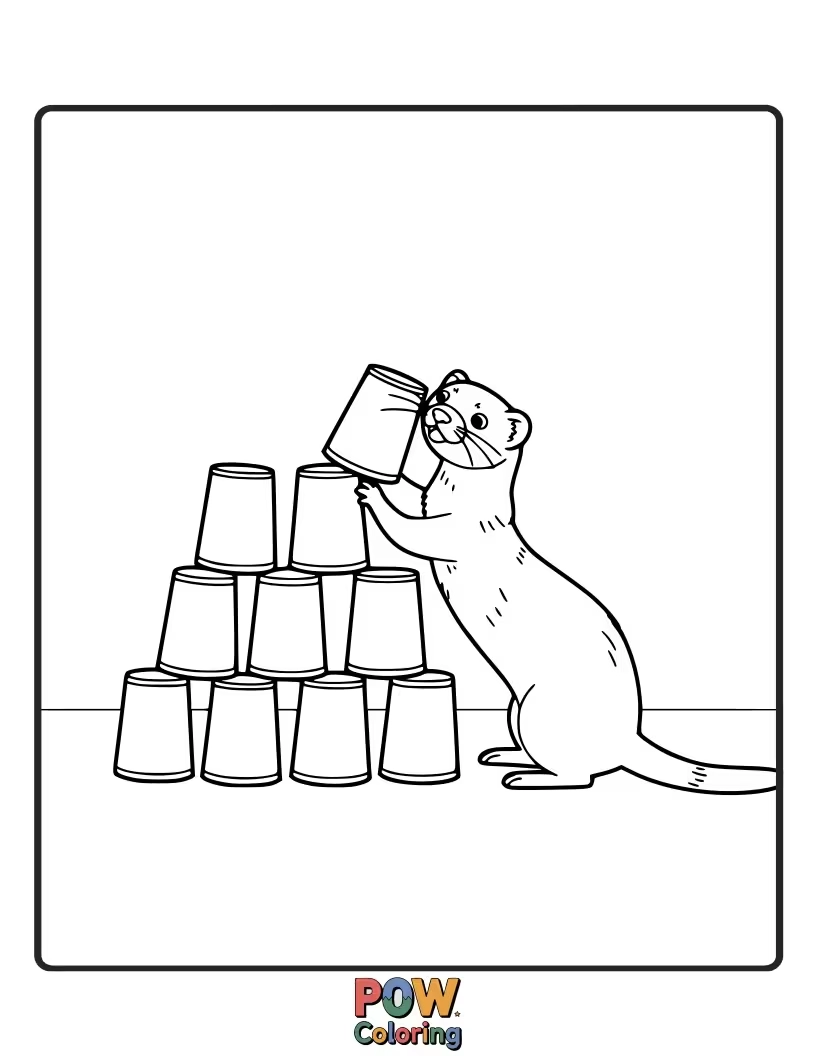 Free coloring page of A focused ferret attempting to stack colorful plastic cups.