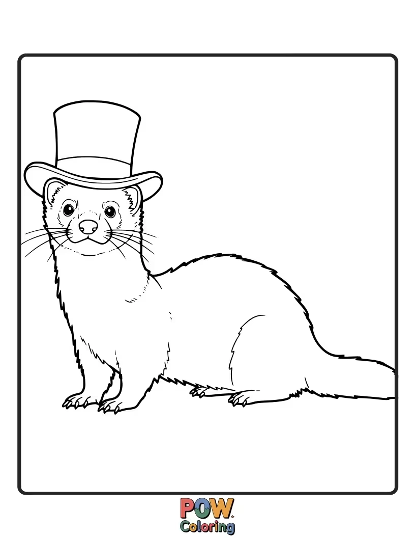 Free coloring page of A silly ferret sporting a small, festive hat on its head.