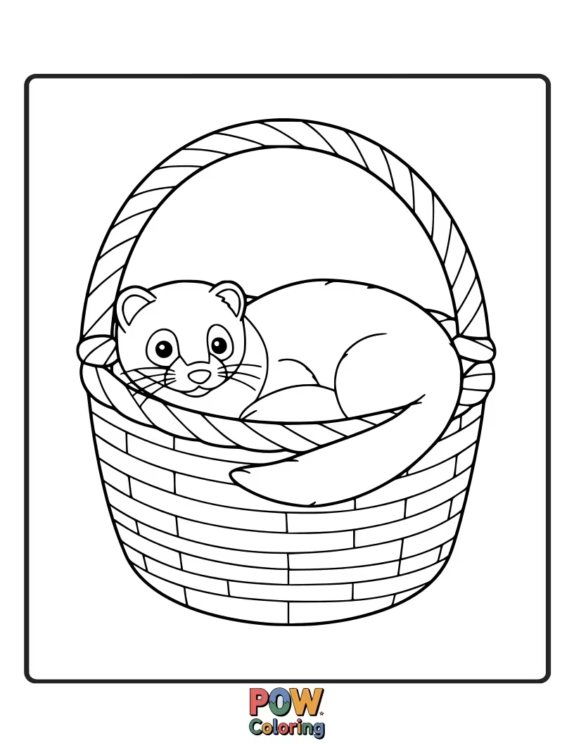 Free coloring page of A sweet ferret nestled comfortably inside a woven basket.