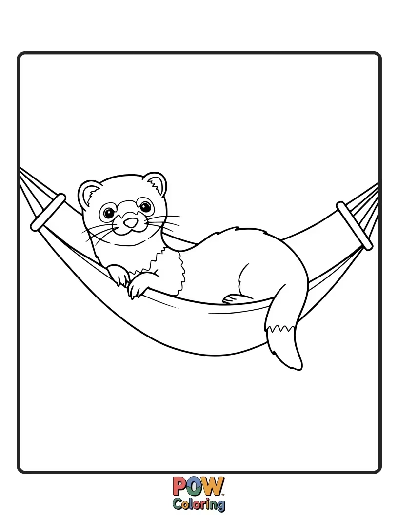 Free coloring page of A relaxed ferret lounging contentedly in a suspended fabric hammock.