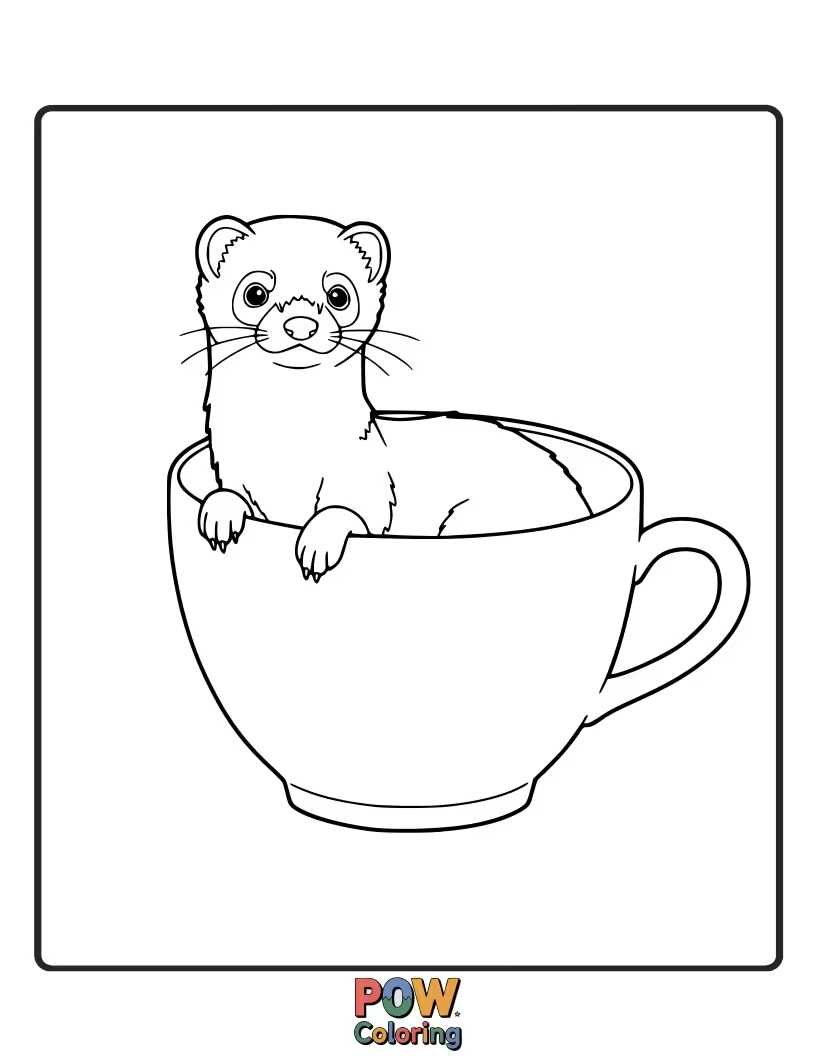 Free coloring page of A tiny ferret enjoying a quiet moment inside a large teacup.