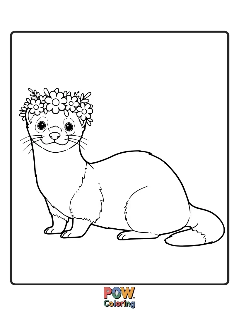 Free coloring page of A regal ferret adorned with a delicate crown made of flowers.