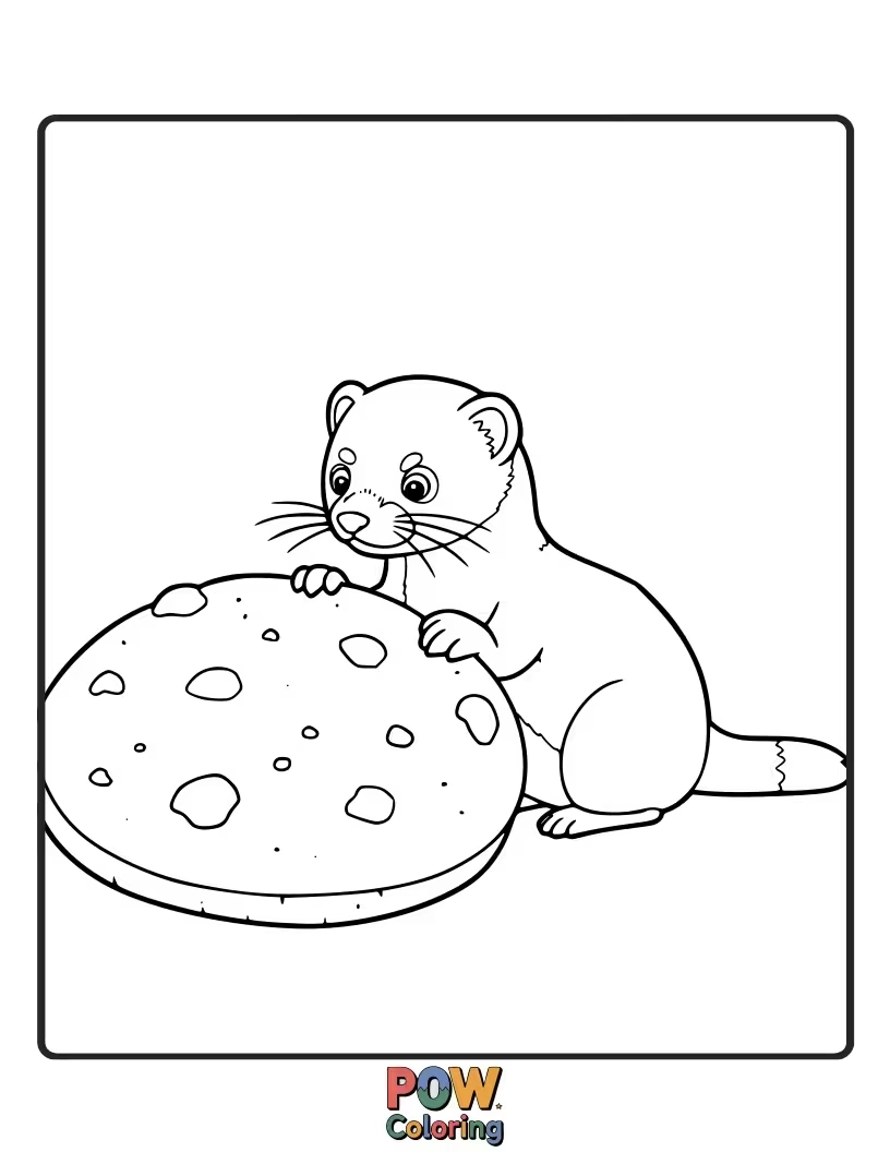 Free coloring page of A hungry ferret eyeing a comically large cookie.