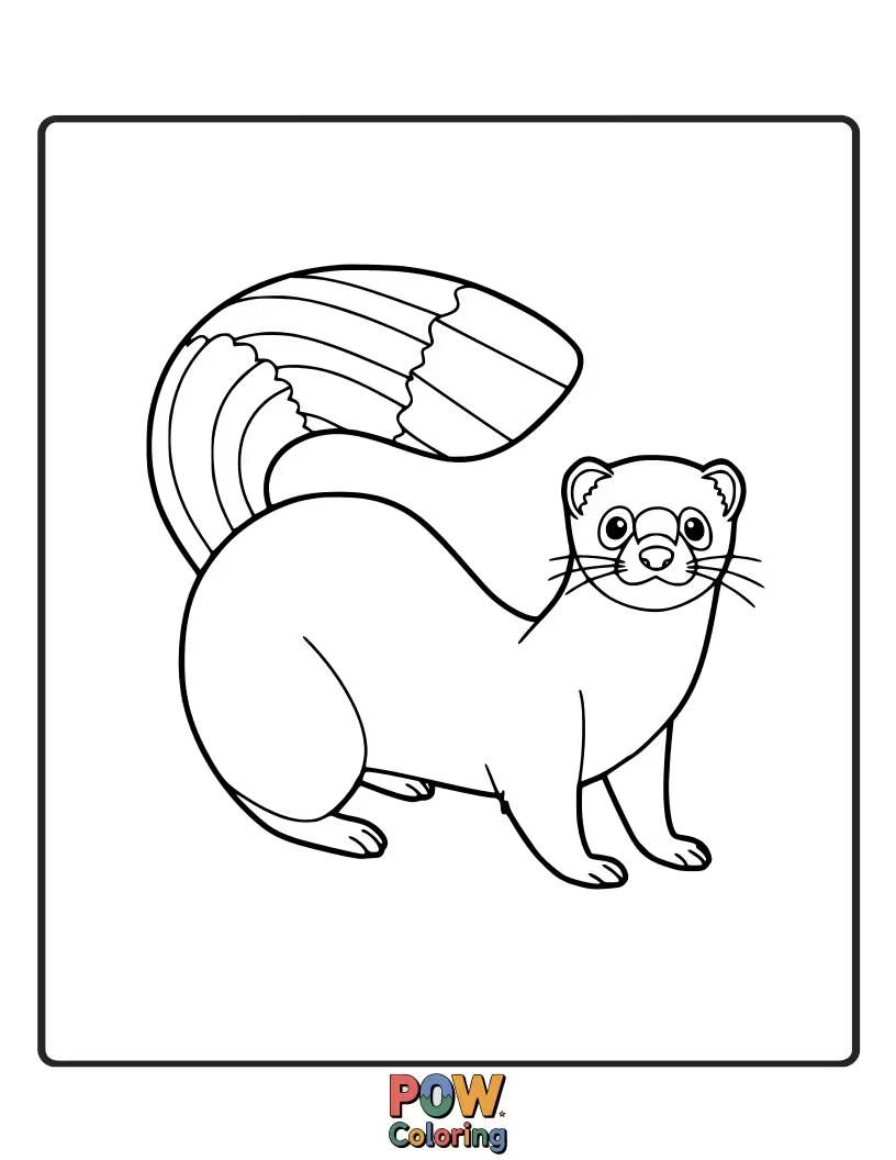 Free coloring page of A magical ferret with a whimsical tail shimmering with rainbow colors.