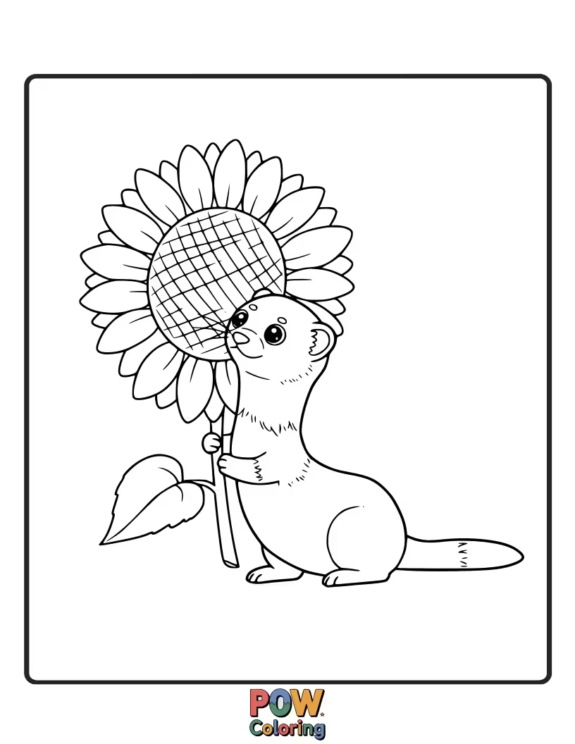 Free coloring page of A cute ferret sitting next to a large, cheerful sunflower.