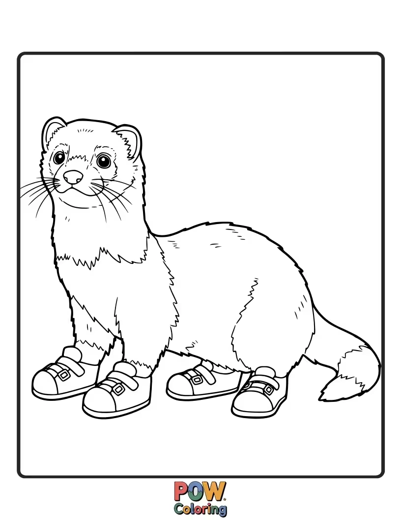 Free coloring page of A whimsical ferret wearing tiny, adorable little shoes on its paws.