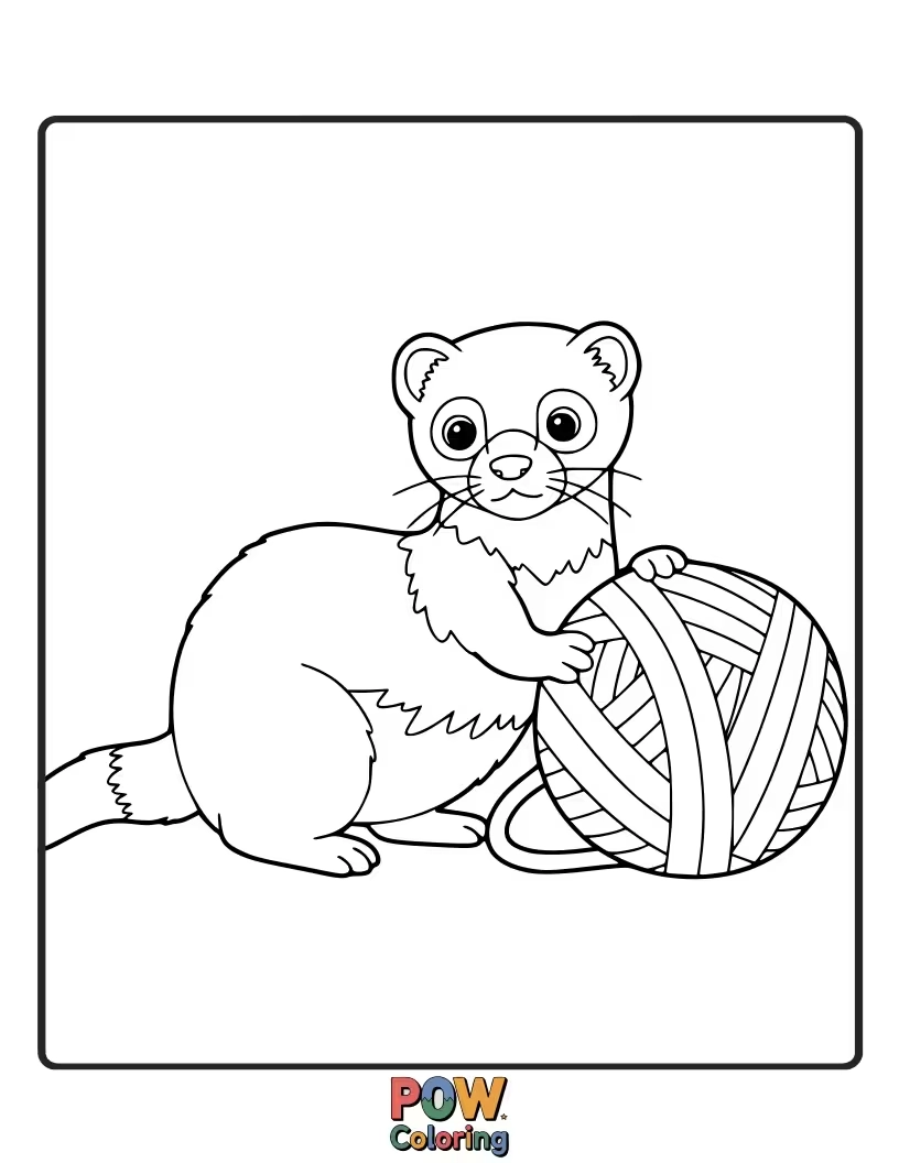Free coloring page of A playful ferret tangling with a colorful ball of yarn.