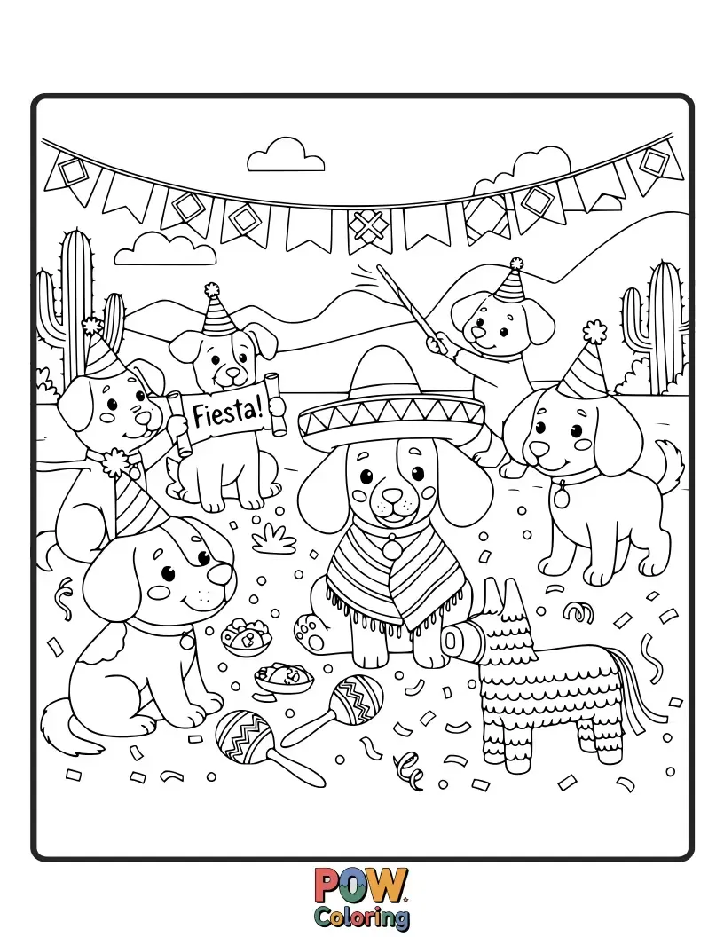 Free coloring page of Lively dogs celebrating a fiesta with colorful decorations, sombreros, and maracas, bursting with cheerful energy and vibrant patterns.