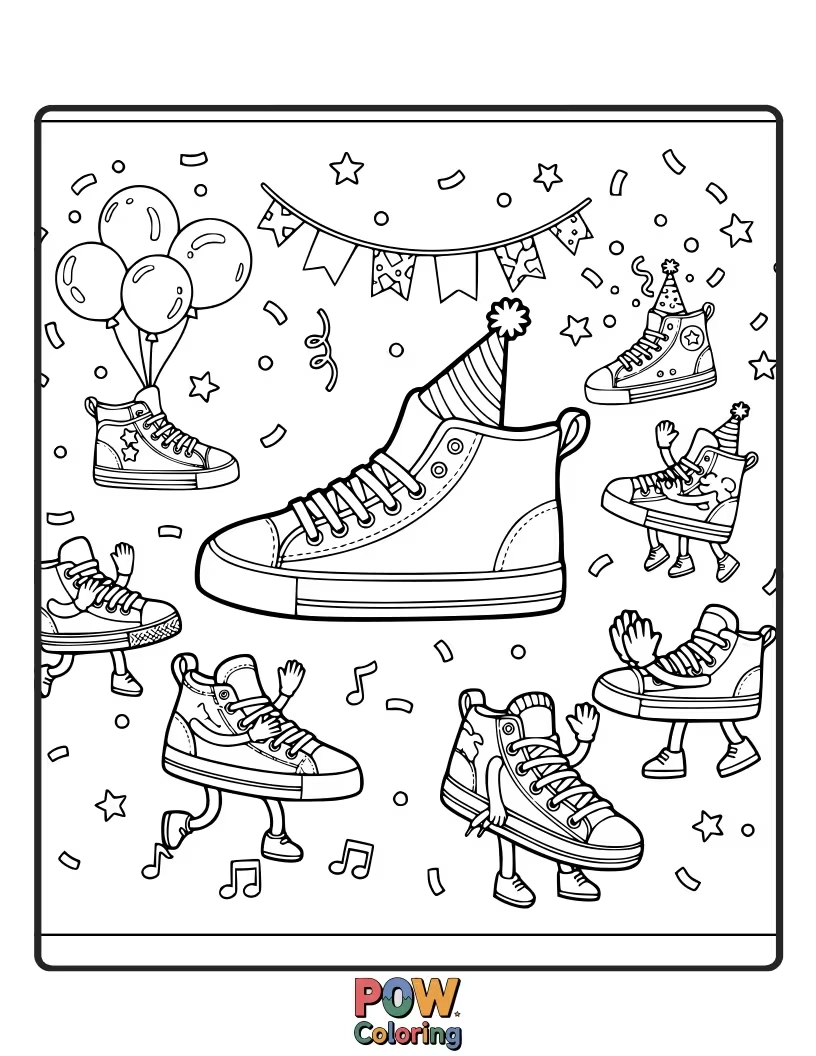 Free coloring page of Sneakers is enjoying the festive fiesta and dancing with a cap and balloons.