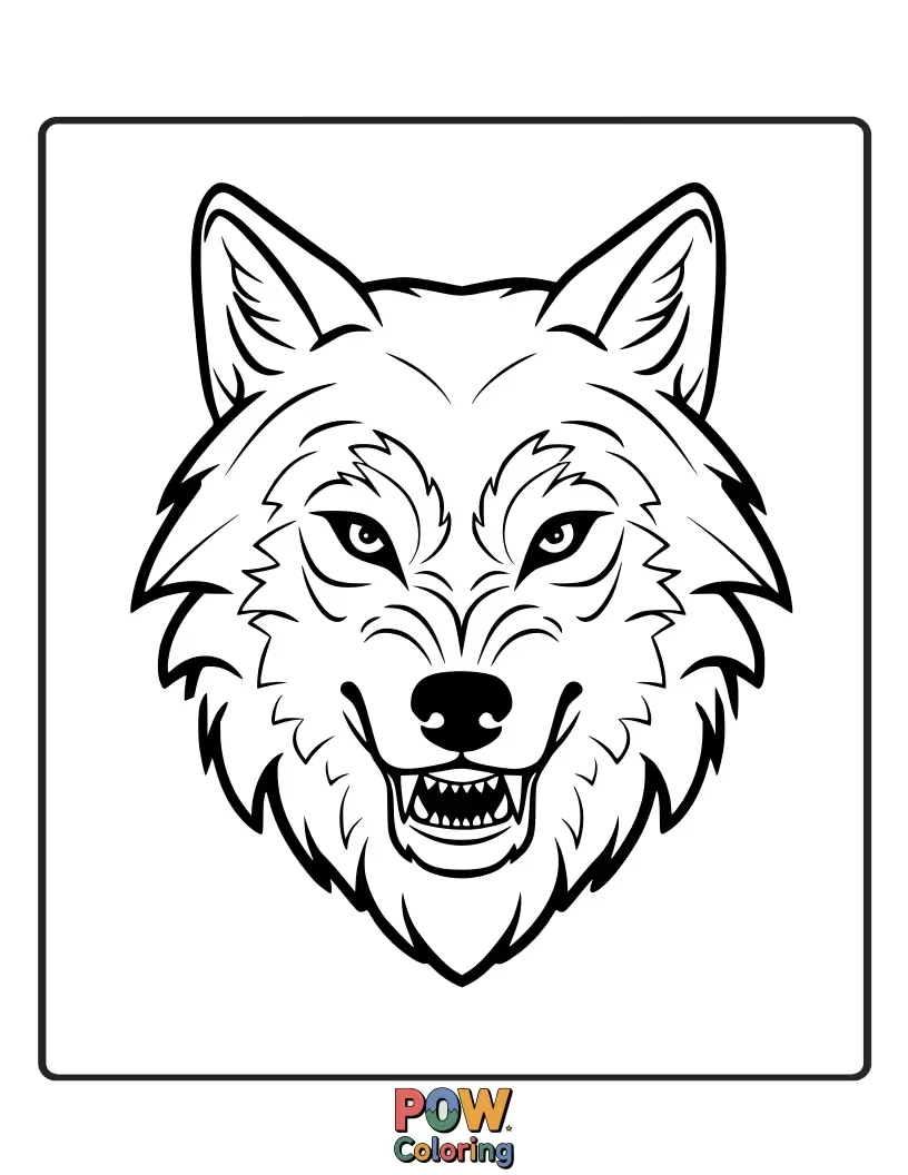 Free coloring page of A close-up, detailed portrait of a wolf's face, showcasing its intelligent eyes and sharp features.
