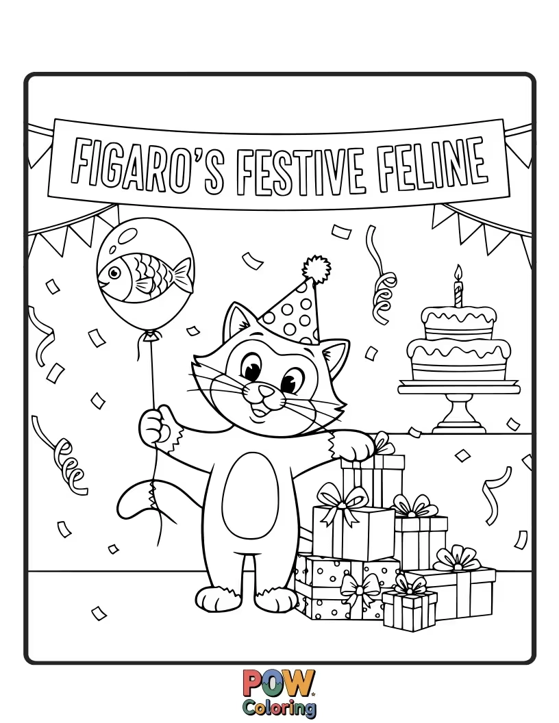 Free coloring page of Figaro the cat naps peacefully in a Christmas stocking, looking adorable and warm.