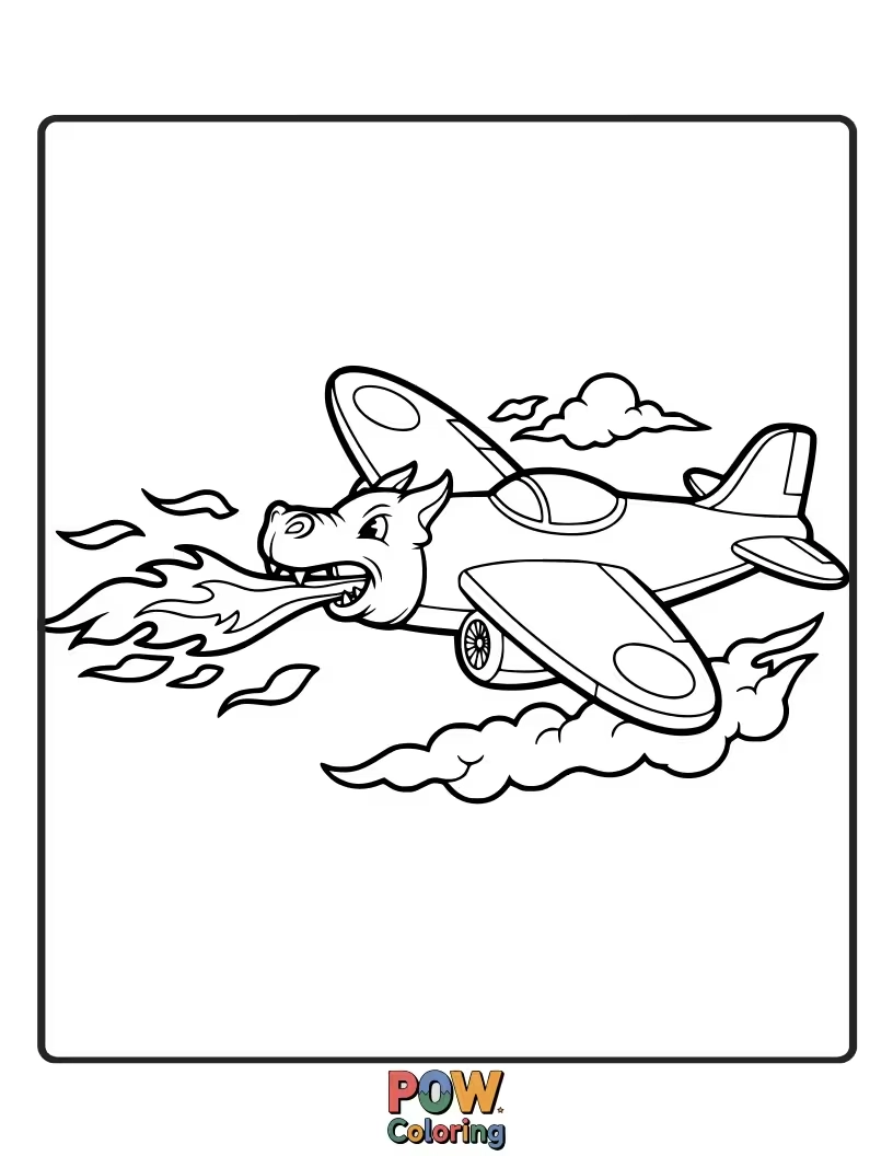Free coloring page of A playful dragon disguised as an airplane, gently breathing colorful smoke rings instead of fire.