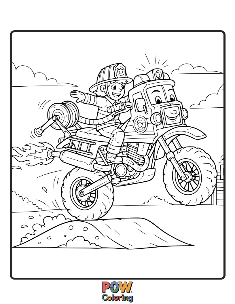 Free coloring page of A dirt bike equipped with hoses and ladders, ready to tackle a friendly blaze in a forest.