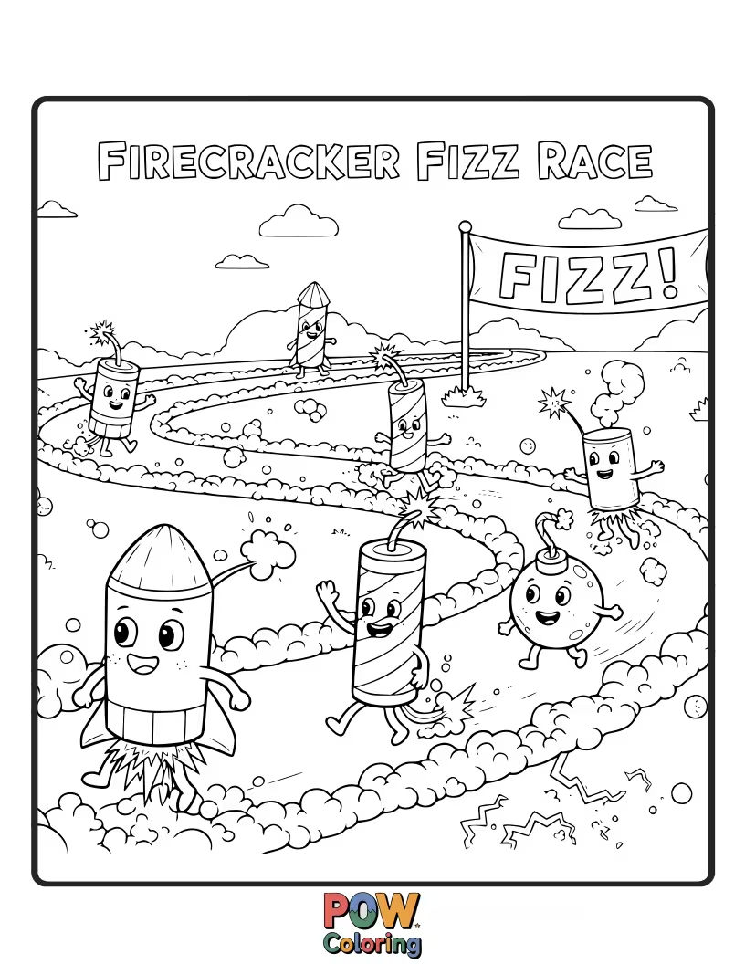 Free coloring page of Little firecrackers are fizzing and zooming with tiny sparks in a safe and fun nighttime race.