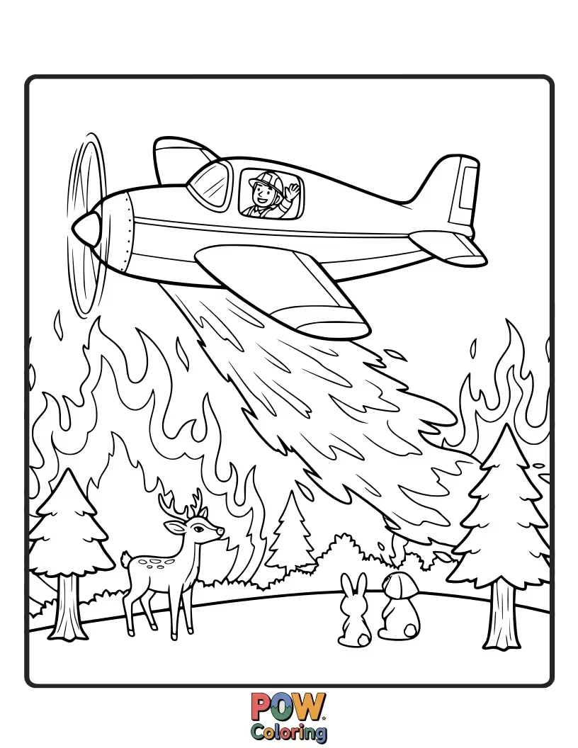 Free coloring page of A brave airplane with a water hose and siren, ready to put out aerial fires and save the day.