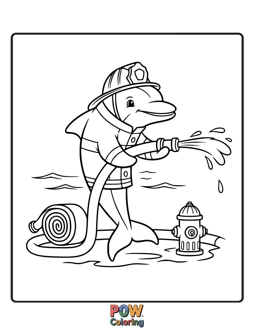 Free coloring page of A heroic dolphin in a firefighter's hat, spraying water from a hose.