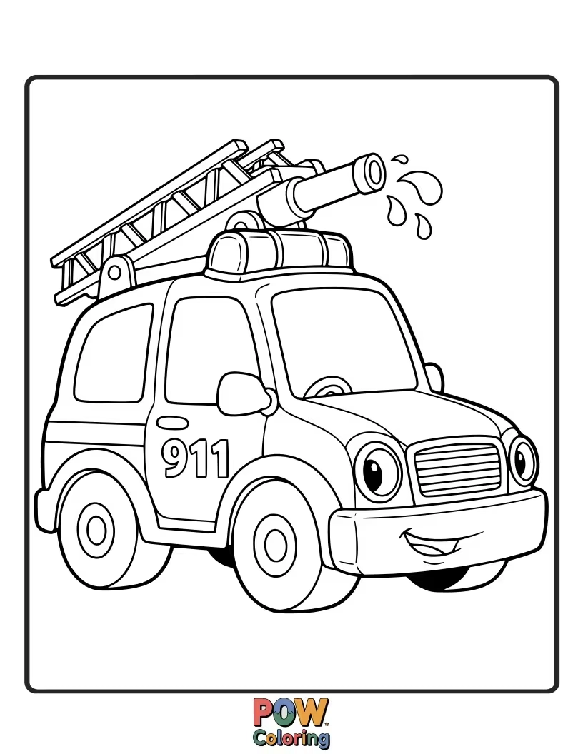 Free coloring page of Firefighter police car, unique blend of services, also carries a tiny ladder and hose for any emergency.